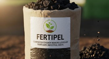 Bolsa de Fertipel con abono oscuro granular, exhibiendo su logo y descripción 'COMPOSTED CHICKEN MANURE & BIOCHAR FROM AGRO-INDUSTRIAL WASTE'. Partículas caen alrededor.