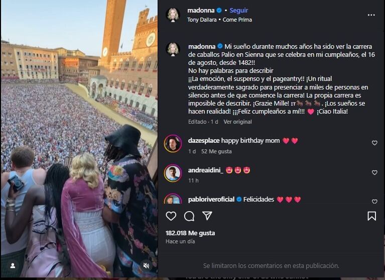 Madonna celebró su cumpleaños con un viaje a Italia en compañía de su novios y dos de sus hijas. (Instagram/Madonna)