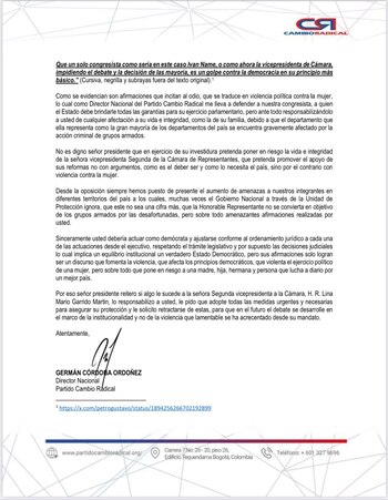 Comunicado oficial del partido Cambio