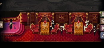 Dibujo pixelado de un salón lujoso con escenario, micrófono, seis figuras vestidas de etiqueta, tres mesas con vajilla y sillas de terciopelo rojo