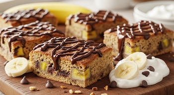 Cinco barritas de plátano y yogur con chocolate dispuestas sobre una tabla de madera, acompañadas de rodajas de plátano, yogur griego y chispas de chocolate.