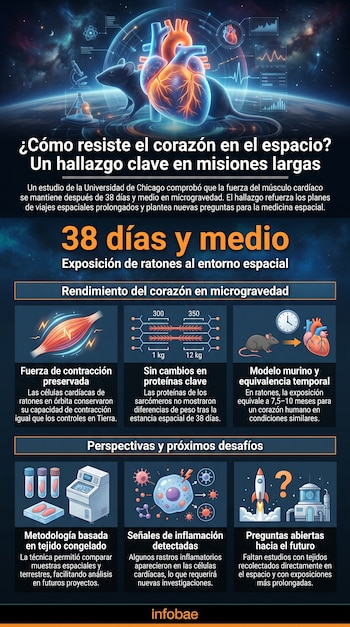 Infografía muestra un ratón, corazón humano, planeta Tierra, espacio, gráficos, microscopio, frascos de laboratorio, célula, cohete y cajas de texto.