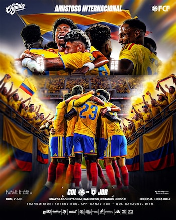 A Federação Colombiana de Futebol mostra os jogadores unidos em cartaz anunciando a partida contra a Jordânia - crédito FCF