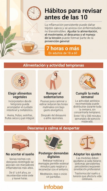 Infografía con título superior, un reloj, una taza de té, texto explicativo, seis recuadros con ilustraciones vectoriales y el logotipo de Infobae.