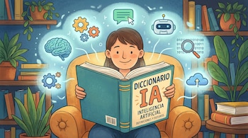 Ilustración de una persona en sillón leyendo un 'Diccionario IA', con iconos digitales como cerebro, engranajes, robot, nube y lupa flotando alrededor.