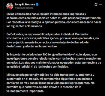 Publicación de Saray Robayo sobre
