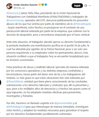 A vereadora Heidy Sánchez Barreto apresentou o caso da operadora Sitp e solicitou a participação do Ministério do Trabalho - crédito @heidy_up/X