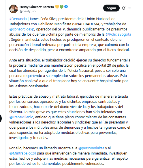 La concejala Heidy Sánchez Barreto expuso el caso del operador del Sitp y pidió la intervención del Ministerio de Trabajo - crédito @heidy_up/X