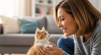 Primer plano de una mujer sonriente con cabello castaño corto, sosteniendo un cachorro de gato atigrado naranja y blanco, en un hogar con un sofá de fondo.