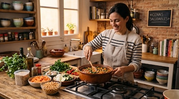 Una mujer con delantal cocina en una cazuela de barro junto a cuencos con garbanzos, zanahorias cortadas y hortalizas sobre la encimera.