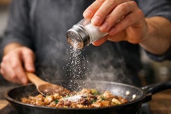 Primer plano de una mano sosteniendo un salero de vidrio y metal, de donde caen gránulos de sal blanca sobre comida en una sartén negra, con vapor.