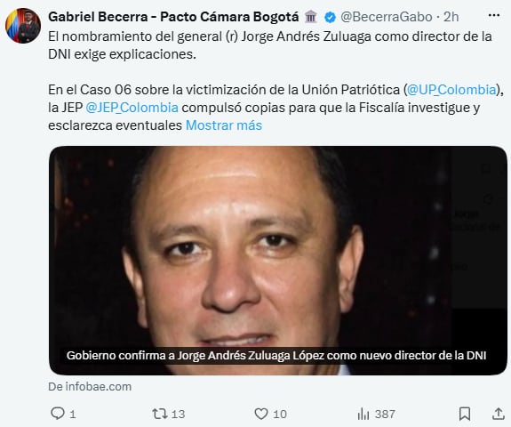 Gabriel Becerra pidió explicaciones por la designación de Zuluaga en la DNI - crédito @BecerraGabo/X