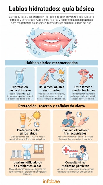 Infografía de Infobae sobre hidratación de labios. Muestra boca, vaso de agua, mano aplicando bálsamo, mano en labios, protector solar, persona comiendo, humidificador, doctora.
