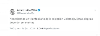 Álvaro Uribe destacó el orgullo y la unidad que el triunfo de la selección trae al país - crédito @AlvaroUribeVel / X