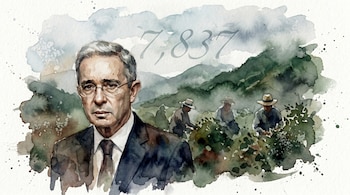 Pintura en acuarela de estilo melancólico que muestra a Álvaro Uribe Vélez en traje, con un fondo difuminado de montañas y campesinos recolectando café en Antioquia. El número 7.837 aparece sutilmente en el cielo.
