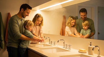 Un padre sonriente asiste a sus dos hijos, una niña y un niño, lavándose las manos en un lavabo doble de un baño moderno con iluminación cálida. Se ven toallas.