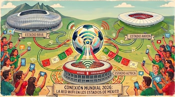 Ilustración vibrante de los estadios mexicanos BBVA, Akron y Azteca con un balón de fútbol central y montañas de fondo, mostrando gente conectada vía WiFi.