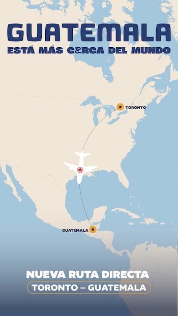 Mapa de América del Norte y Central, dos puntos con etiquetas Toronto y Guatemala, avión blanco con hoja de arce roja, línea de vuelo. Texto: Nueva ruta directa Toronto-Guatemala