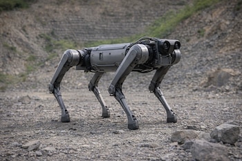 Un robot cuadrúpedo de color gris oscuro, con un cuerpo central y cuatro patas articuladas, se apoya en un terreno de grava y rocas.