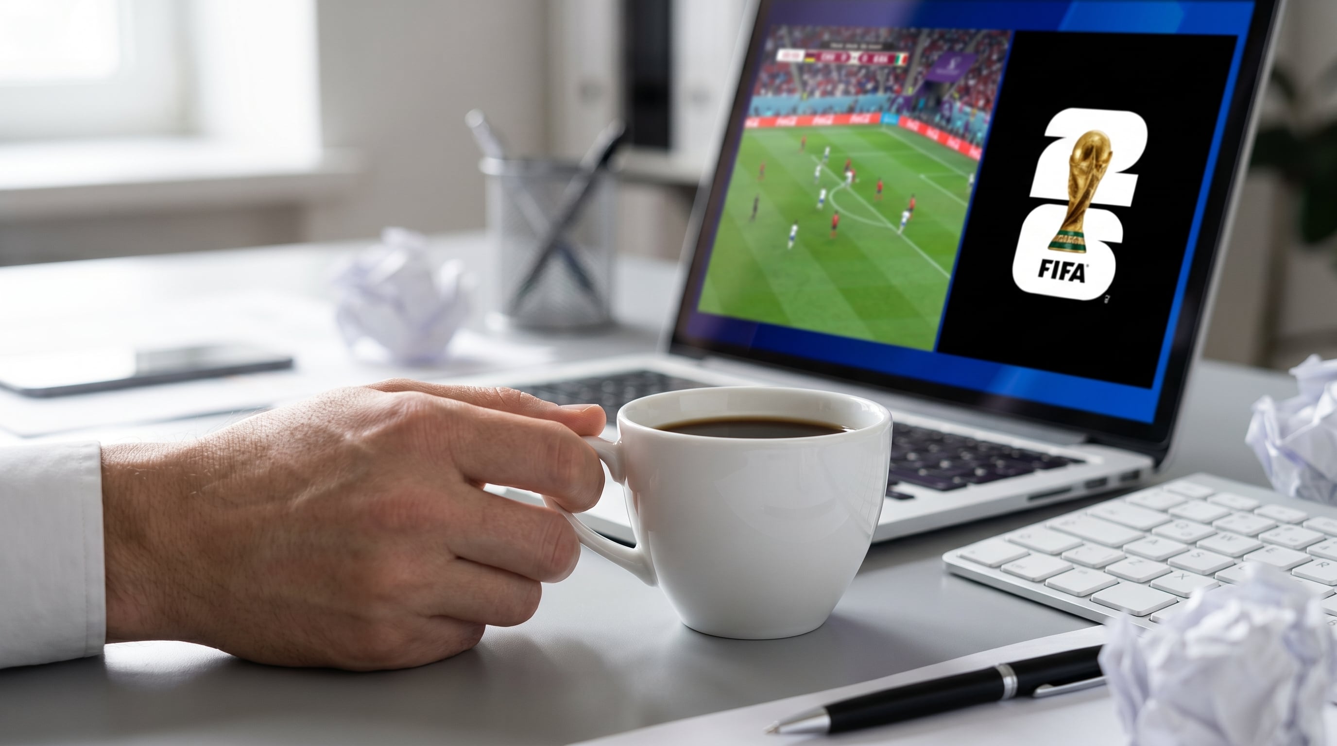 Una mano genérica sostiene una taza de café en una oficina, mientras una laptop en el escritorio muestra un partido de fútbol y el logo del Mundial 2026, reflejando multitarea laboral. (Imagen Ilustrativa Infobae)