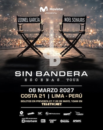 Cartel del concierto "Escenas Tour" de Sin Bandera. Muestra dos sillas de director con los nombres Leonel García y Noel Schajris sobre un escenario con público