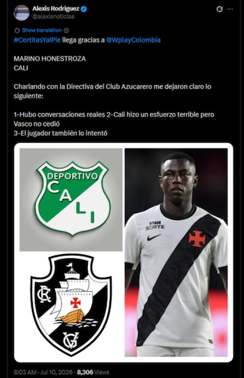 El periodista informó sobre el interés del Deportivo Cali en el delantero del Vasco da Gama-crédito @alexisnoticias/X