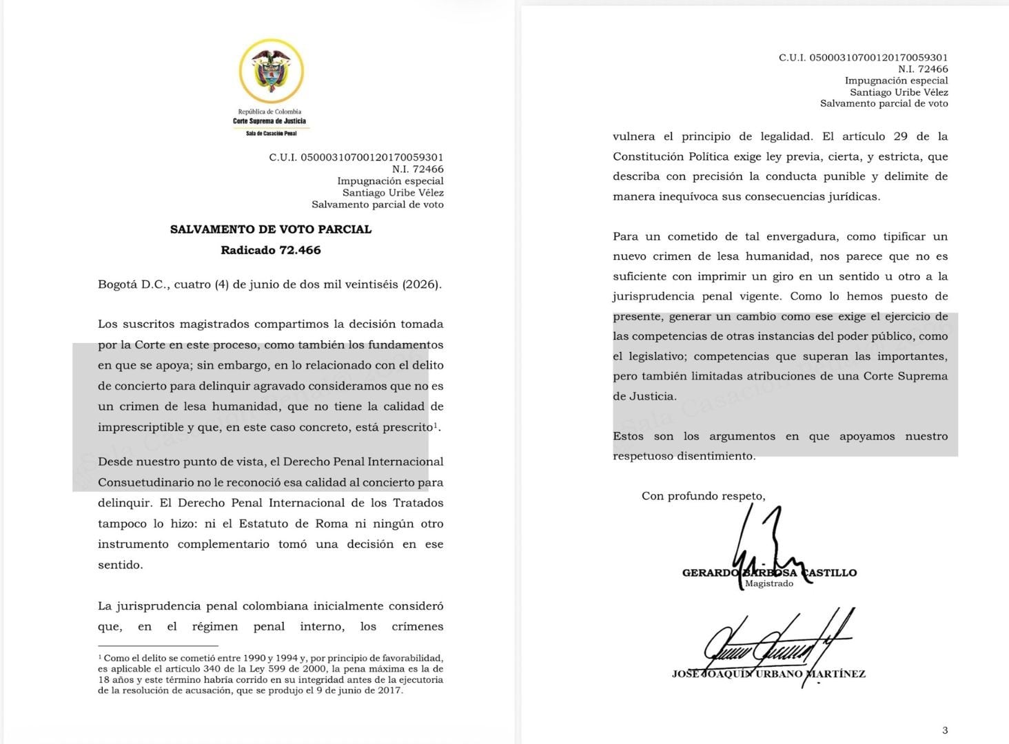 Los magistrados que salvaron parcialmente su voto estuvieron de acuerdo con la condena, pero discreparon de la decisión de considerar el concierto para delinquir agravado como un delito de lesa humanidad e imprescriptible - crédito Corte Suprema Justica