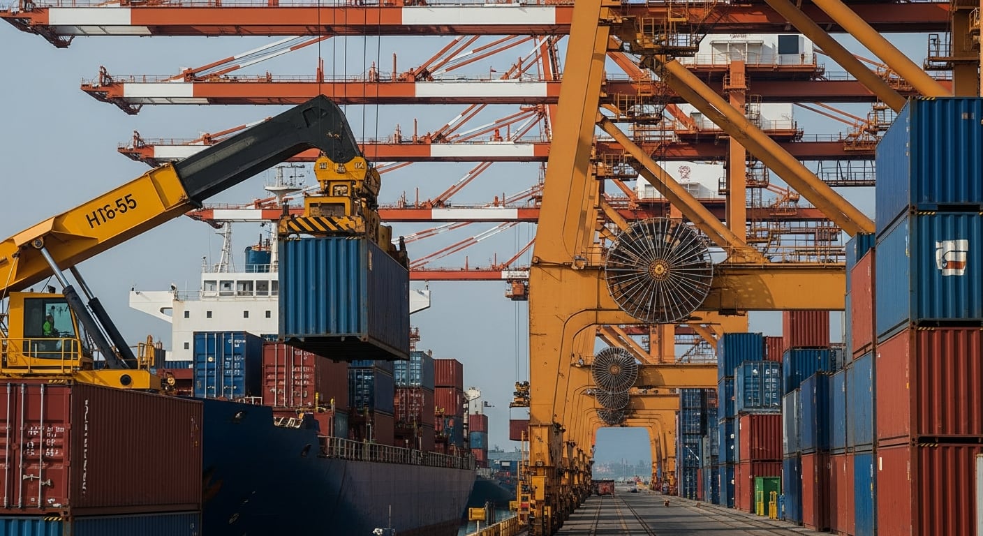 Grúas portuarias amarillas realizan la descarga de contenedores de un buque mercante en el puerto de Panamá. (Imagen Ilustrativa Infobae)