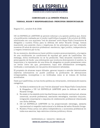 De la Espriella Lawyers negó vínculos con la defensa de Ricardo Orrego y anunció posibles acciones legales - crédito @DELAESPRIELLALA/ X