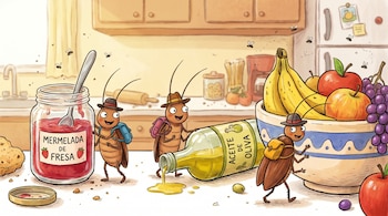 Ilustración de tres cucarachas con sombreros y mochilas en una cocina, junto a un tarro de mermelada abierta, aceite de oliva derramado y un tazón de fruta.