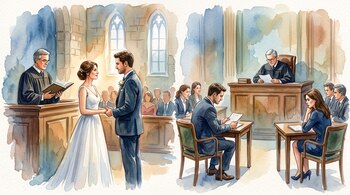 Ilustración en acuarela con una boda a la izquierda y una pareja sentada en un tribunal a la derecha.