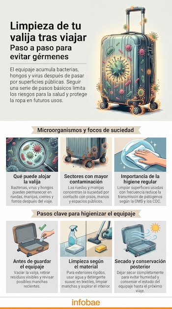 Infografía sobre cómo limpiar una valija; muestra valija con microorganismos, lupas, manos limpiando, valija abierta, productos de limpieza, valija secando.
