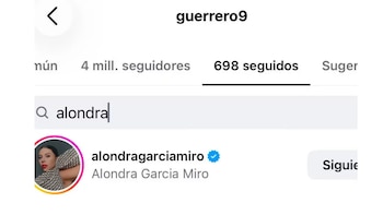 Pantalla de Instagram con perfil "guerrero9", 4 millones de seguidores, 698 seguidos. Barra de búsqueda con "alondra" y perfil "alondragarciamiro" con botón "Seguir"