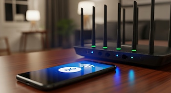 Un smartphone negro con símbolos de Bluetooth y WiFi en pantalla azul sobre una mesa de madera, junto a un router WiFi negro con antenas y luces brillantes.