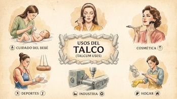 Ilustración de seis viñetas mostrando los usos del talco: mujer con bebé, mujer maquillándose, atleta, mujer usando talco en guantes y máquina industrial.