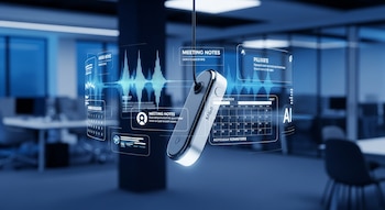 Primer plano de un colgante inteligente de Meta flotando, rodeado de gráficos holográficos con ondas de audio, notas, calendario y recordatorios de IA en una oficina con luces azules.