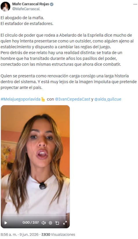 Mafe Carrascal cuestionó alianzas políticas de Abelardo de la Espriella - crédito @MafeCarrascal/X