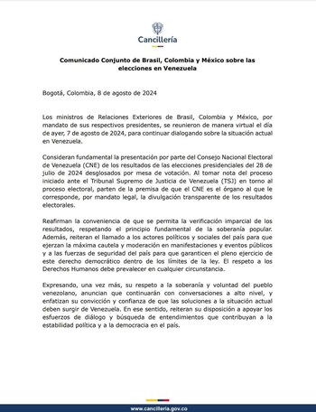 Comunicado de Colombia, Brasil y México sobre situación en Venezuela