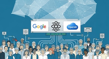 Ilustración de multitud conectada por líneas de datos bajo una red digital con logos de Google, OpenAI y nube, y símbolos de IA como cerebros y engranajes.