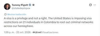 El portavoz del Departamento de Estado de los EE. UU. Thomas "Tommy" Piggot se pronunció vía X la tarde del jueves 22 de octubre de 2026 - crédito @statedeptspox/X