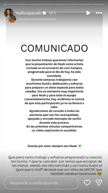 Melissa Paredes también se pronunció por cancelación de presentación de Noah