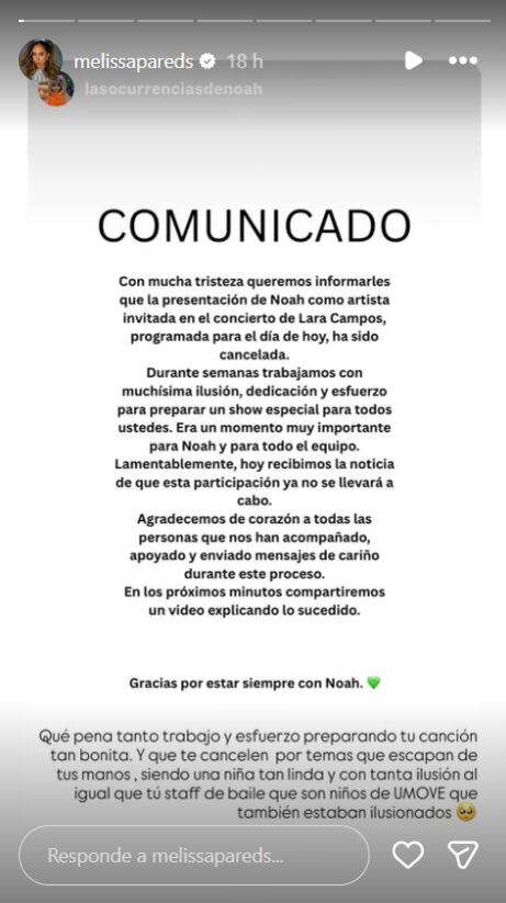 Melissa Paredes también se pronunció por cancelación de presentación de Noah
