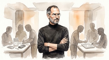 Ilustración de acuarela de Steve Jobs de pie, brazos cruzados, en una oficina. Observa a equipos con un iPod, teléfonos y una pantalla táctil, con textura de papel visible.