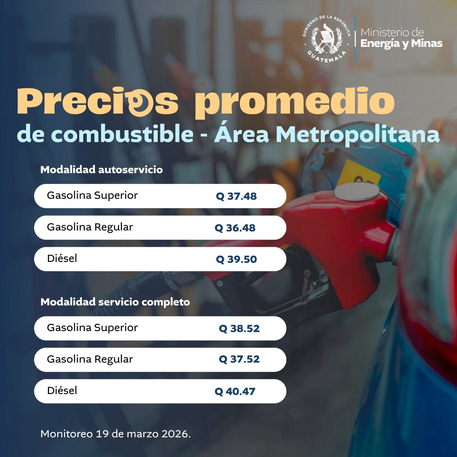 Precios promedio de combustibles en el área metropolitana de Guatemala al 19 de marzo de 2026, según modalidad de autoservicio y servicio completo (Foto cortesía Ministerio de Energía y Minas).