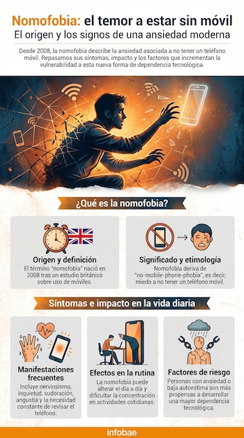 Infografía sobre nomofobia con un hombre ansioso frente a un teléfono móvil, gráficos explicativos de origen, síntomas y riesgos, y texto detallado.