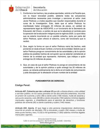 Líder indigena - Secretaría de educación - Chocó