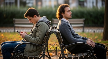 Dos hombres jóvenes en un banco. Uno usa un teléfono móvil, el otro mira al costado.