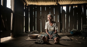 Una anciana de cabello blanco sentada descalza en el suelo de tierra dentro de una cabaña rústica de madera con luz filtrándose por las rendijas.