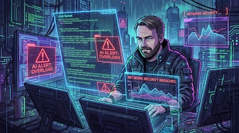 Ilustración de Linus Torvalds en un escritorio futurista, rodeado de pantallas con código, gráficos de seguridad y alertas de IA. Ciudad cyberpunk de fondo.