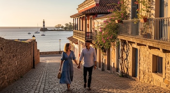 Pareja caminando de la mano por una calle empedrada con casas coloniales y vista al río con faro al fondo